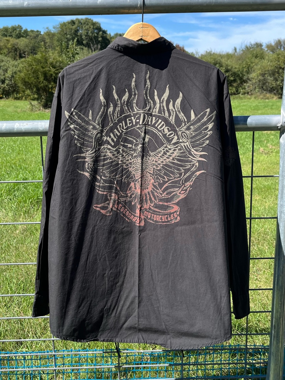 2007 Harley-Davidson Motorcycles Biker Eagle Flames Button-Up Shirt Y2K Goth